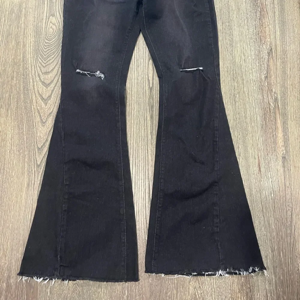 Fashion Flared Pants High Rise Elastic Waist Ripped Knee Raw Hem Black Size S
